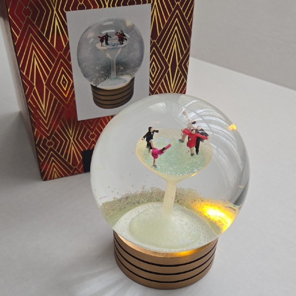 Light Up Snow Globe Ice Skaters In Martini Glass - NIB